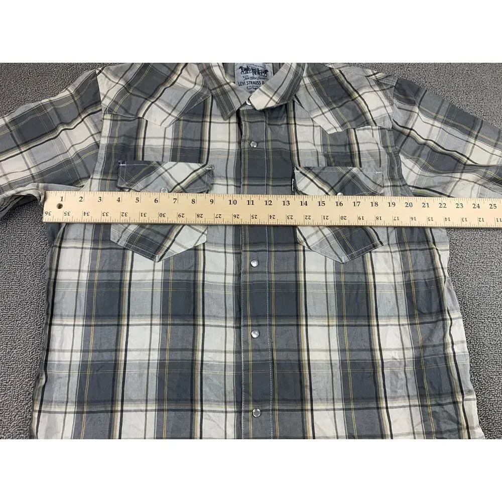 Levi’s Western Snap Shirt Men's L Gray Plaid‎ Short Sleeve Pearl Snaps